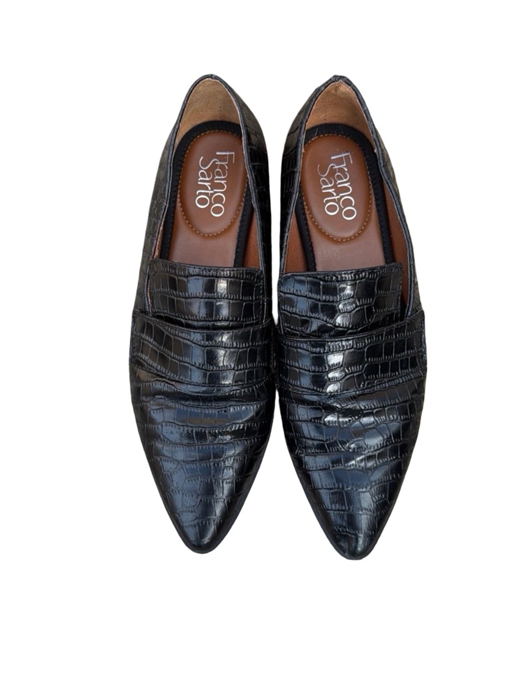 Franco Sarto pointed toe loafers black crocodile-embossed pattern women 6.5
